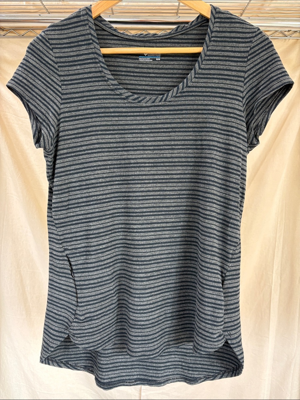 Columbia Gray and Charcoal Striped Short Sleeve Scoop Neck Tee